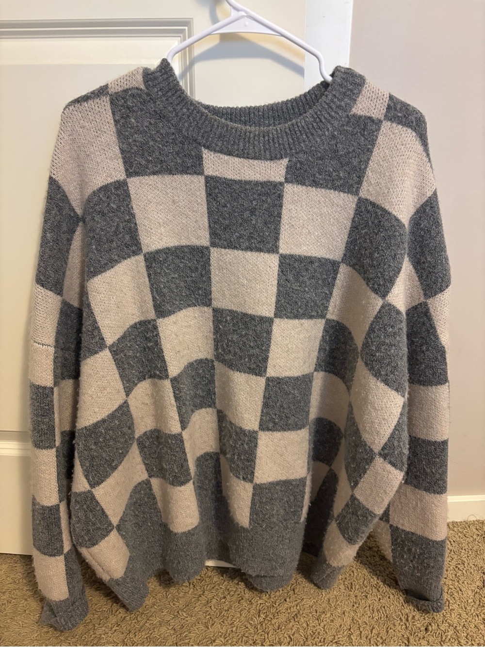 OAK + FORT Checkerboard Crewneck Sweater - Gray & Cream